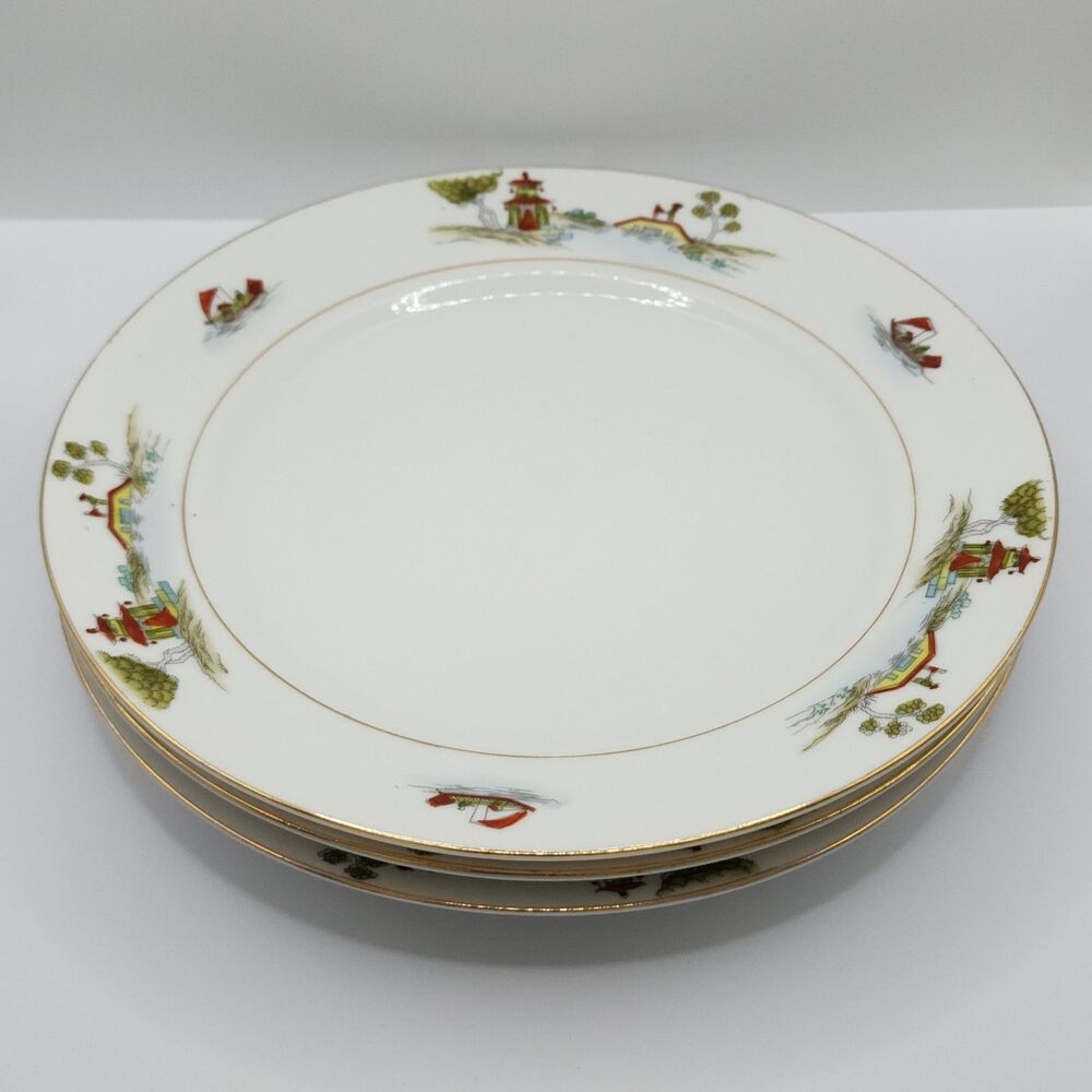 Antique Noritake Morimura Nippon Pagoda Salad Plates Set of 3 Japan 7.75"